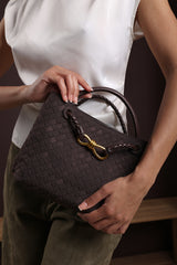 Luna Woven Leather Tote bag with Gold Detail in Brown Faux Suede