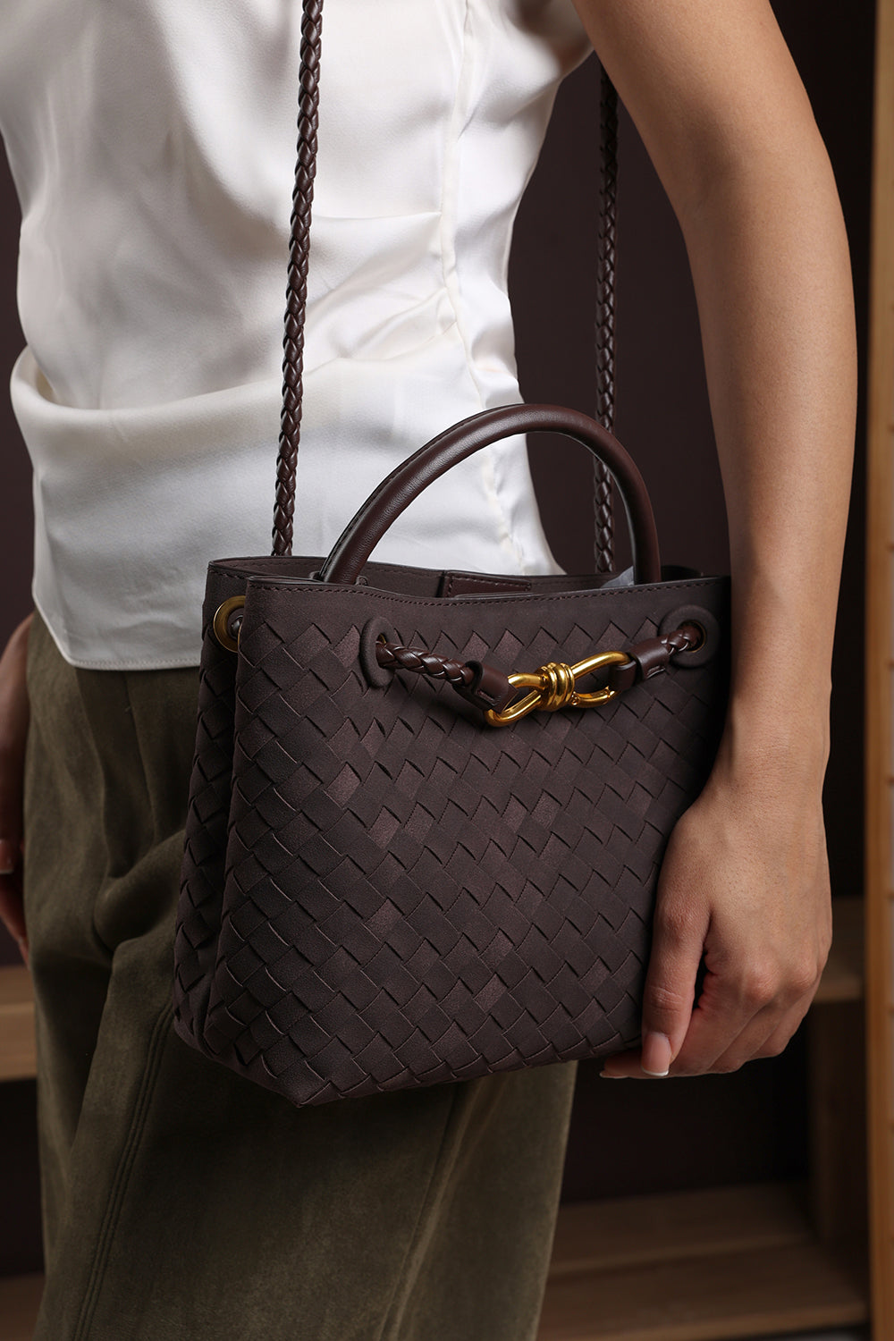 Luna Woven Leather Tote bag with Gold Detail in Brown Faux Suede