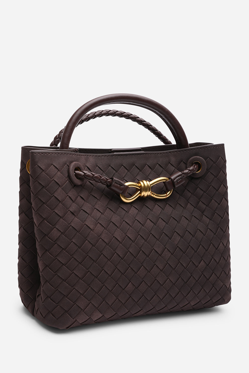 Luna Woven Leather Tote bag with Gold Detail in Brown Faux Suede