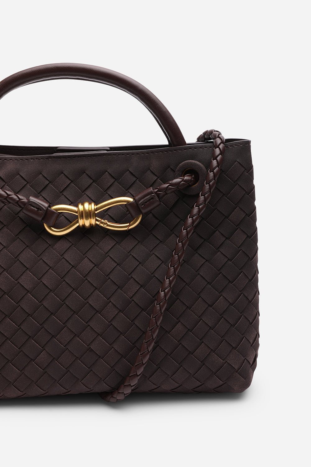 Luna Woven Leather Tote bag with Gold Detail in Brown Faux Suede