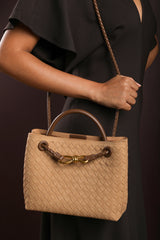 Luna Woven Leather Tote bag with Gold Detail in Cognac Faux Suede