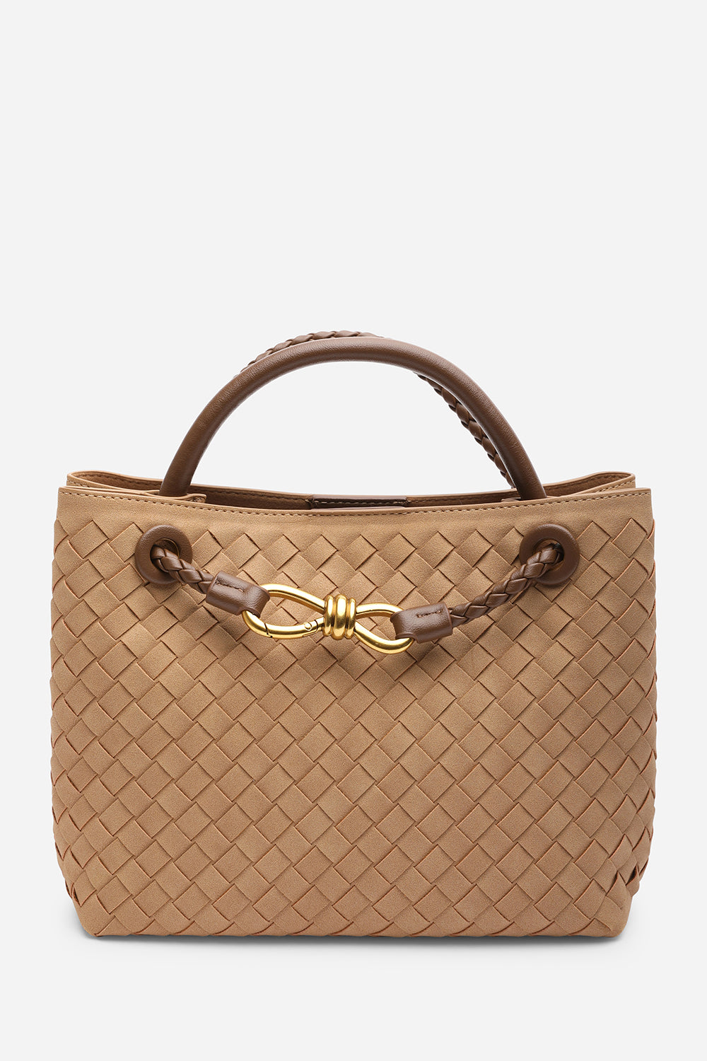 Luna Woven Leather Tote bag with Gold Detail in Cognac Faux Suede
