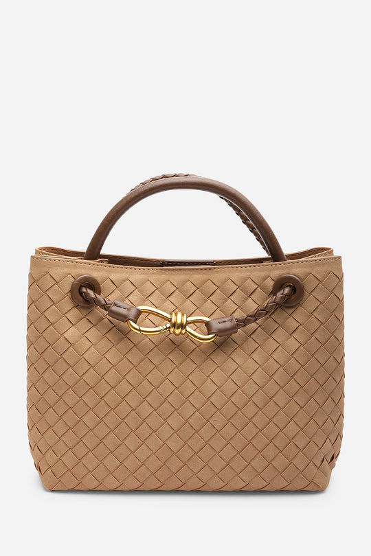 Luna Woven Leather Tote bag with Gold Detail in Cognac Faux Suede