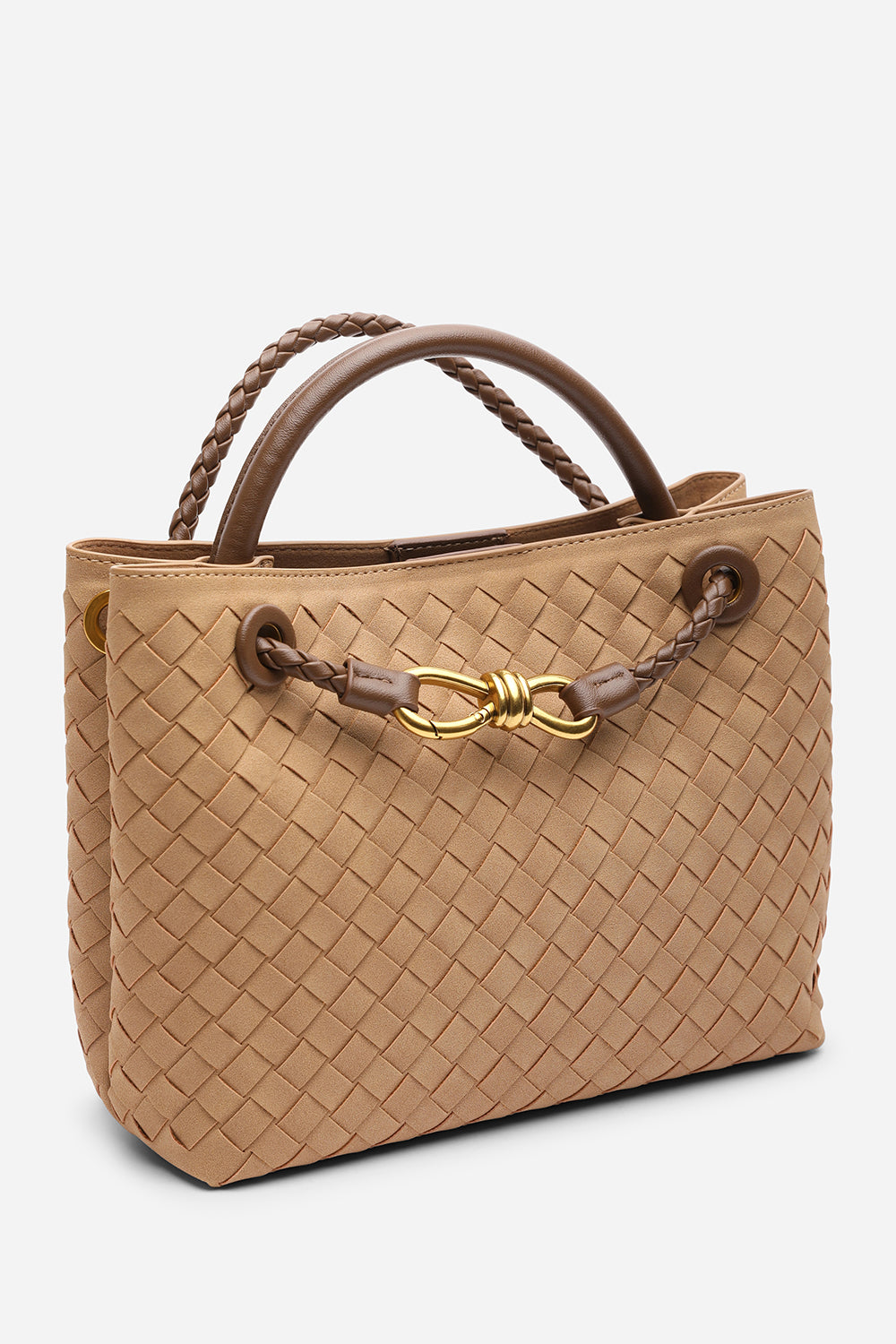 Luna Woven Leather Tote bag with Gold Detail in Cognac Faux Suede
