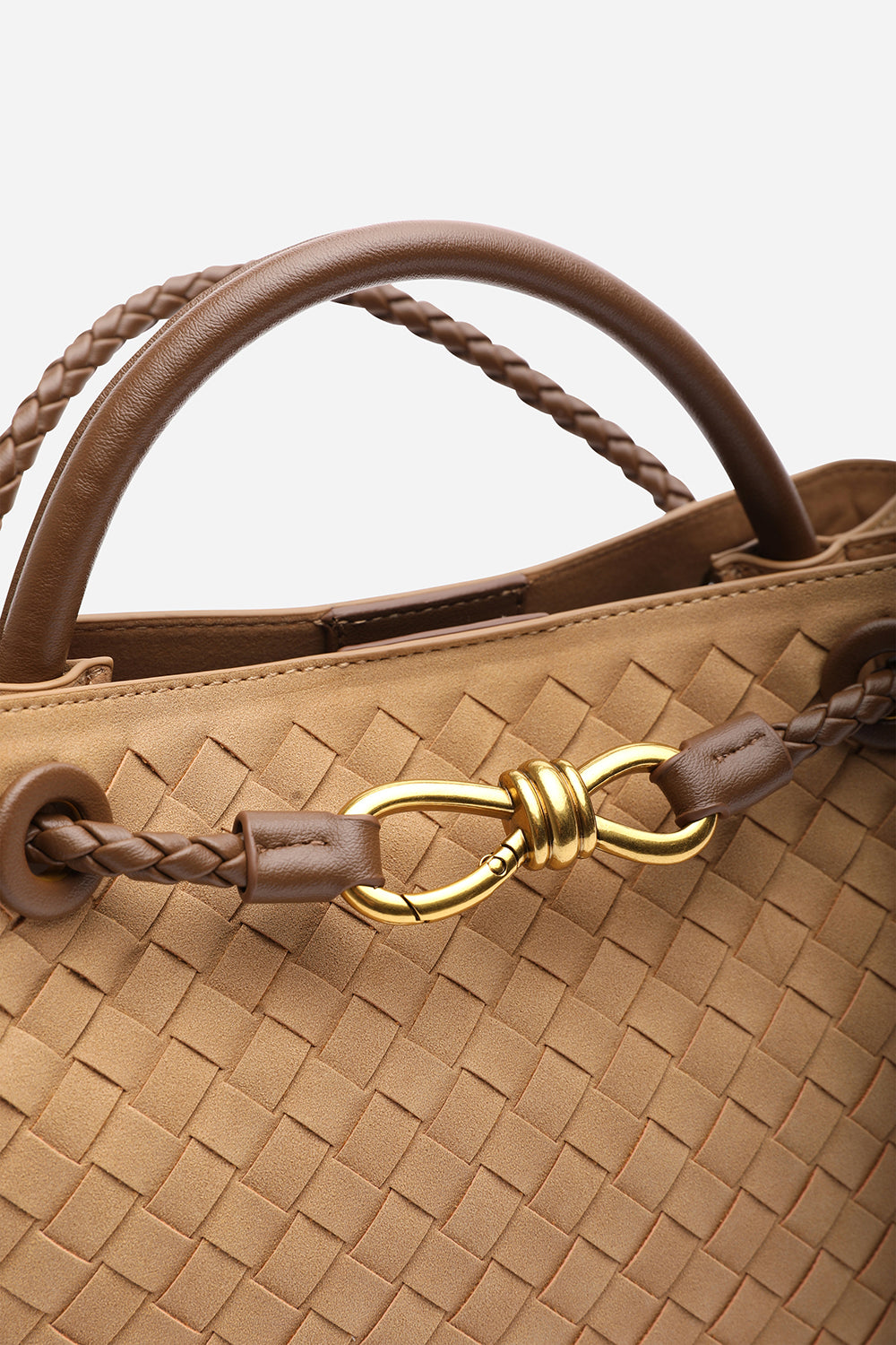 Luna Woven Leather Tote bag with Gold Detail in Cognac Faux Suede