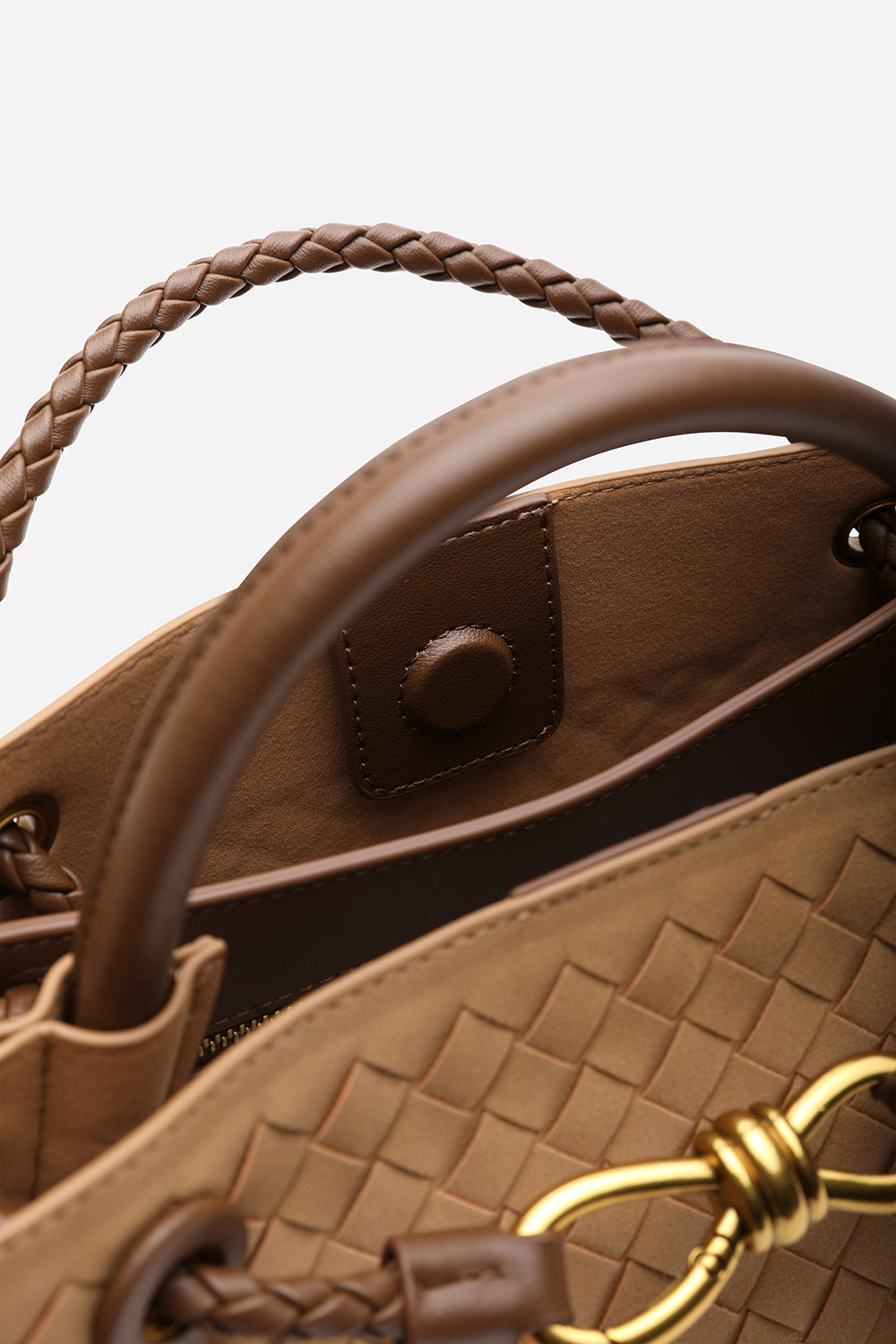 Luna Woven Leather Tote bag with Gold Detail in Cognac Faux Suede
