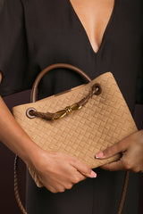 Luna Woven Leather Tote bag with Gold Detail in Cognac Faux Suede