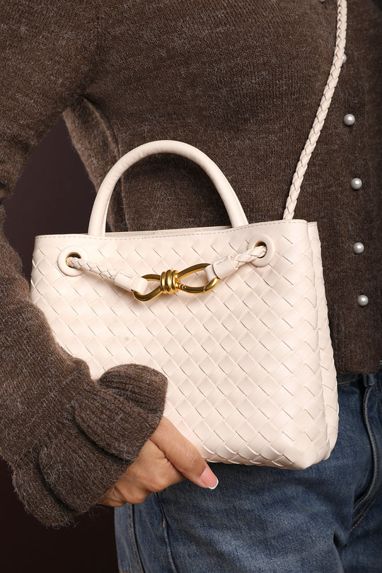 Luna Woven Leather Tote bag with Gold Detail in Cream Faux Leather
