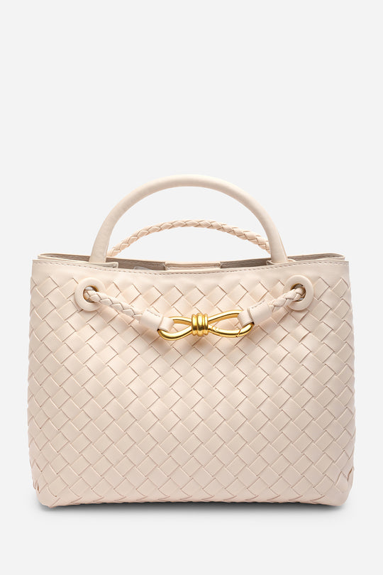 Luna Woven Leather Tote bag with Gold Detail in Cream Faux Leather