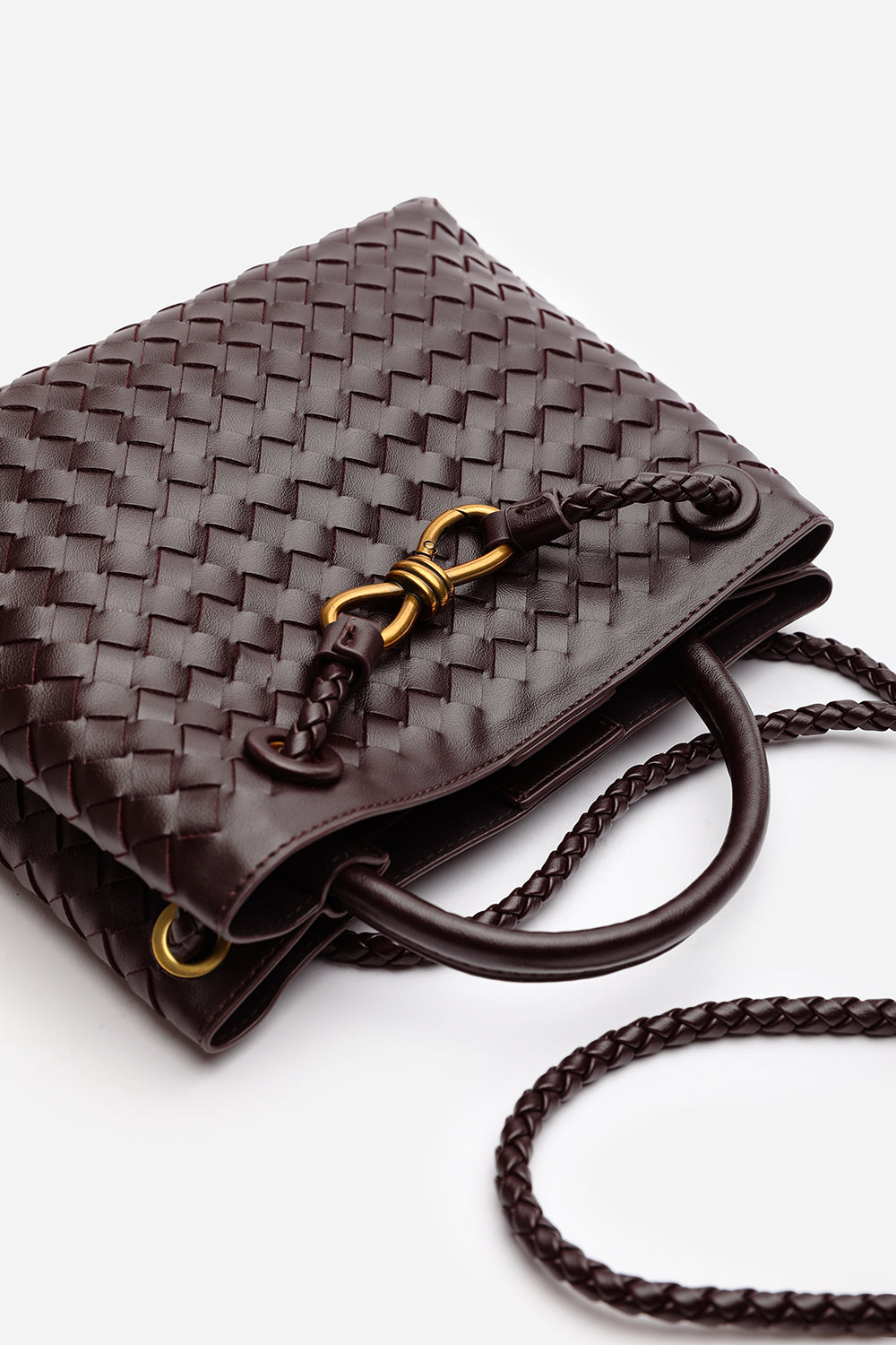 Luna Woven Leather Tote bag with Gold Detail in Dark Brown Faux Leather