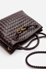 Luna Woven Leather Tote bag with Gold Detail in Dark Brown Faux Leather