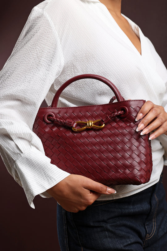 Luna Woven Leather Tote bag with Gold Detail in Maroon Faux Leather