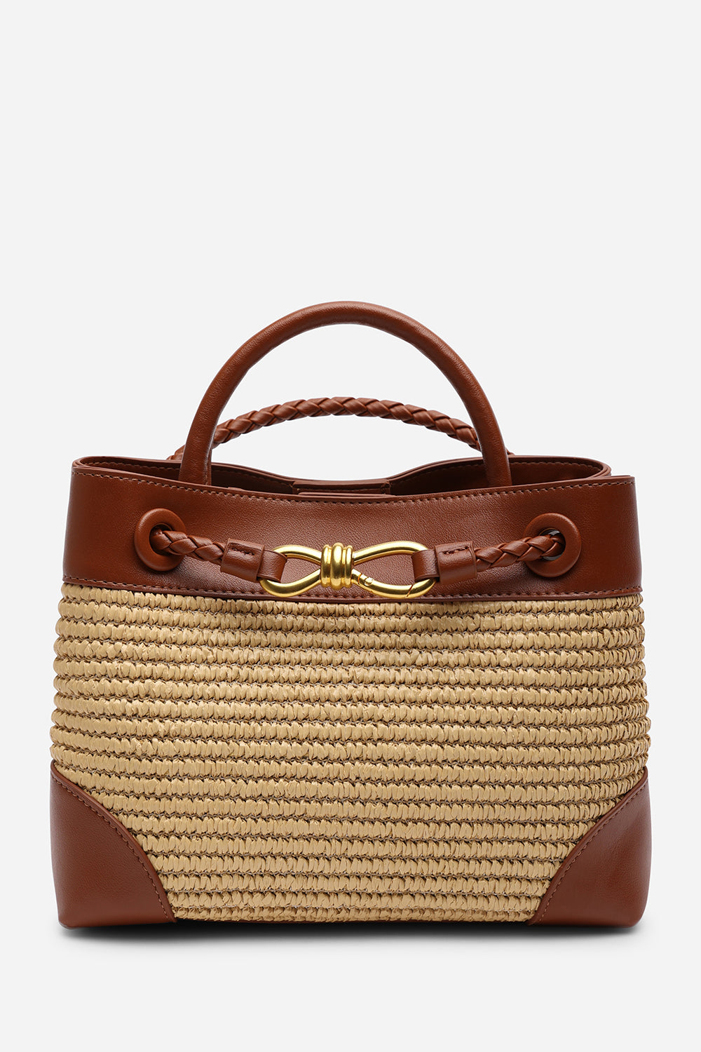 Luna Woven Leather Tote bag with Gold Detail in Tan Raffia