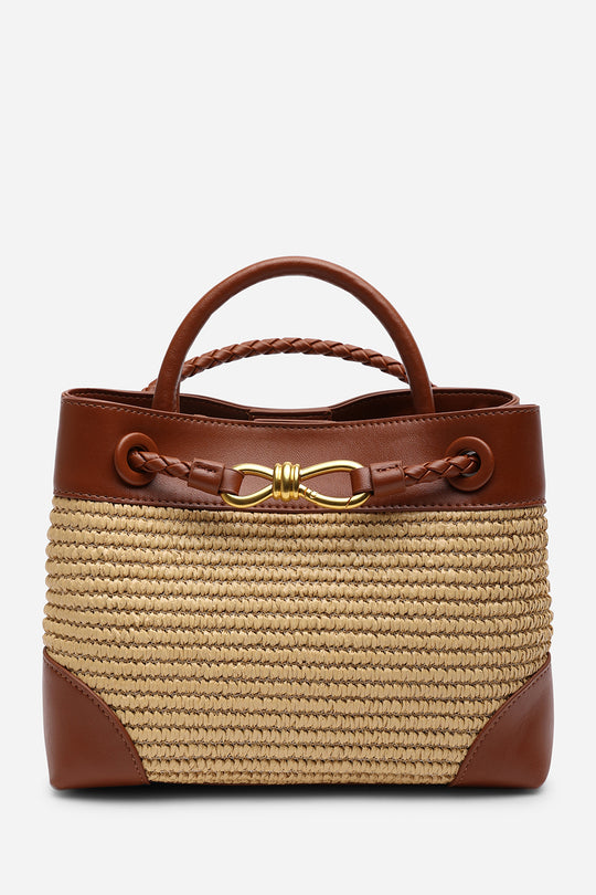 Luna Woven Leather Tote bag with Gold Detail in Tan Raffia