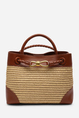 Luna Woven Leather Tote bag with Gold Detail in Tan Raffia
