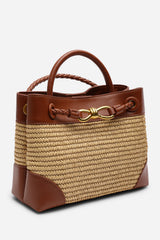 Luna Woven Leather Tote bag with Gold Detail in Tan Raffia