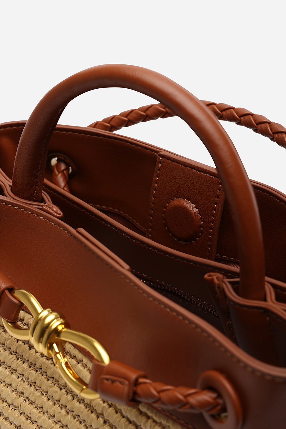 Luna Woven Leather Tote bag with Gold Detail in Tan Raffia