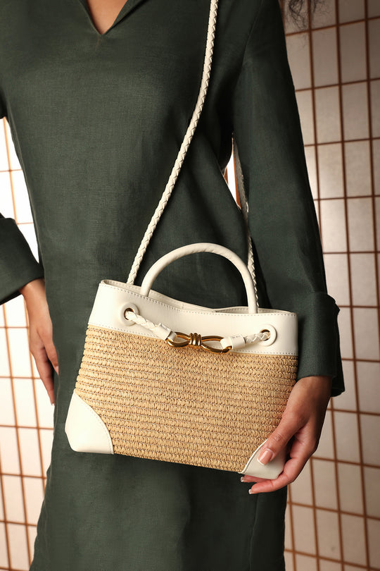 Luna Woven Leather Tote bag with Gold Detail in White Raffia