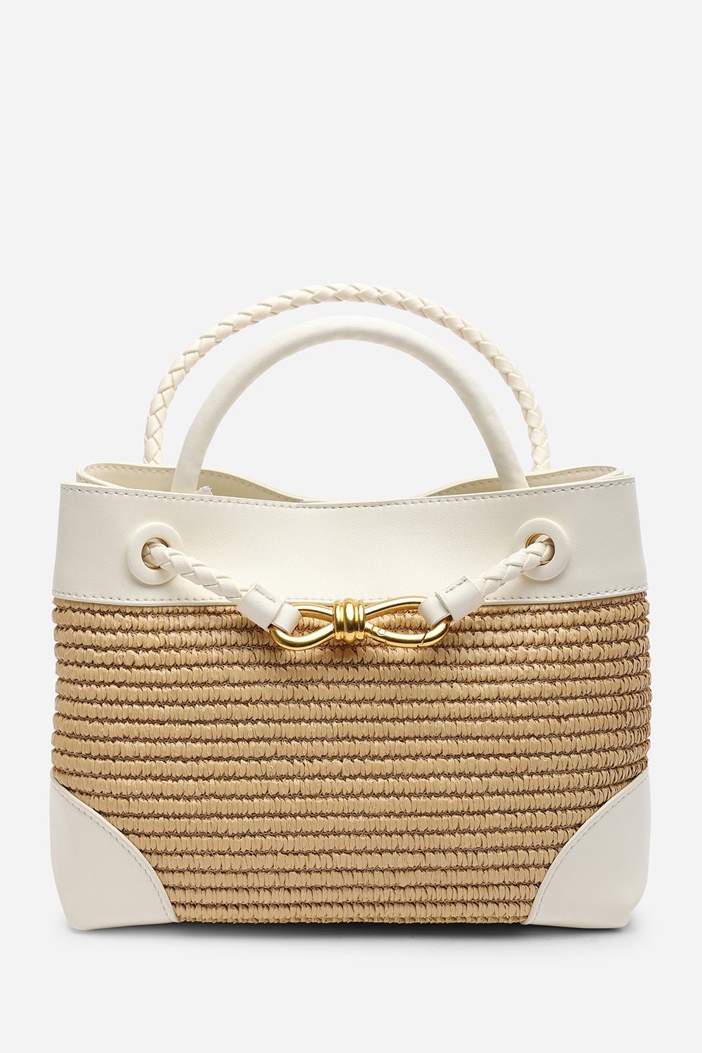 Luna Woven Leather Tote bag with Gold Detail in White Raffia