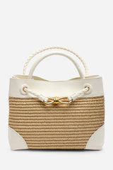 Luna Woven Leather Tote bag with Gold Detail in White Raffia