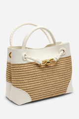 Luna Woven Leather Tote bag with Gold Detail in White Raffia