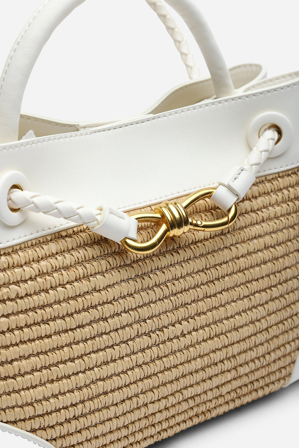 Luna Woven Leather Tote bag with Gold Detail in White Raffia