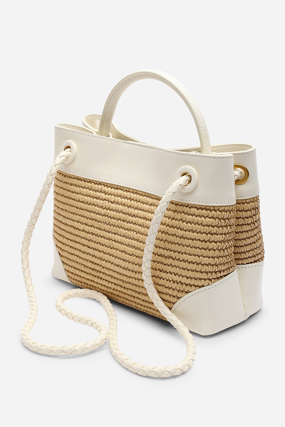 Luna Woven Leather Tote bag with Gold Detail in White Raffia
