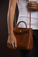 Luna Woven Leather Tote bag with Gold Detail in Tan Faux Leather