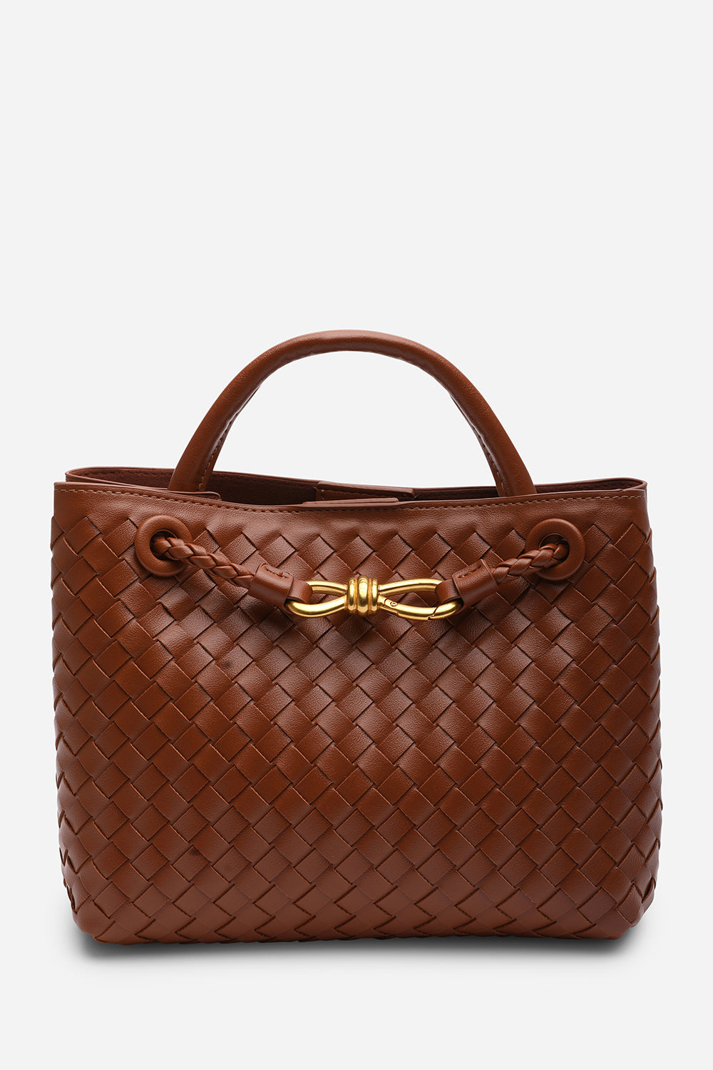 Luna Woven Leather Tote bag with Gold Detail in Tan Faux Leather