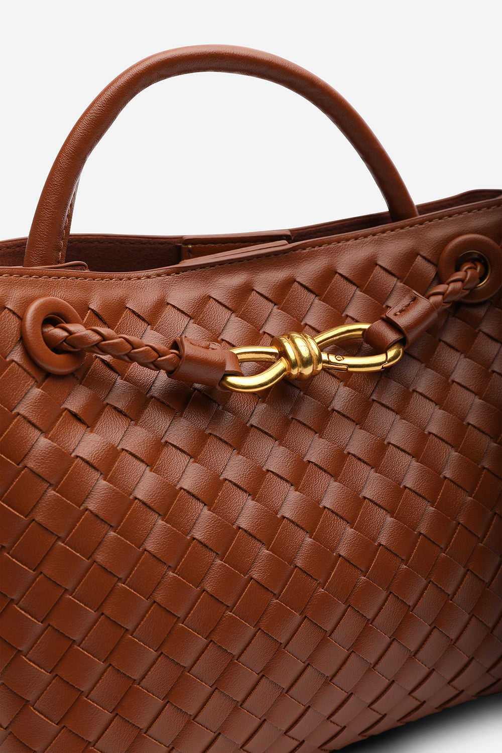 Luna Woven Leather Tote bag with Gold Detail in Tan Faux Leather