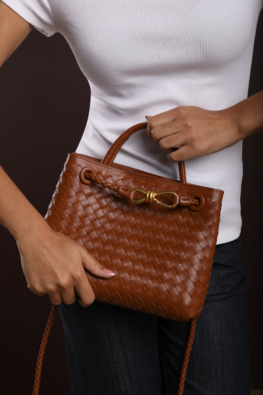 Luna Woven Leather Tote bag with Gold Detail in Tan Faux Leather