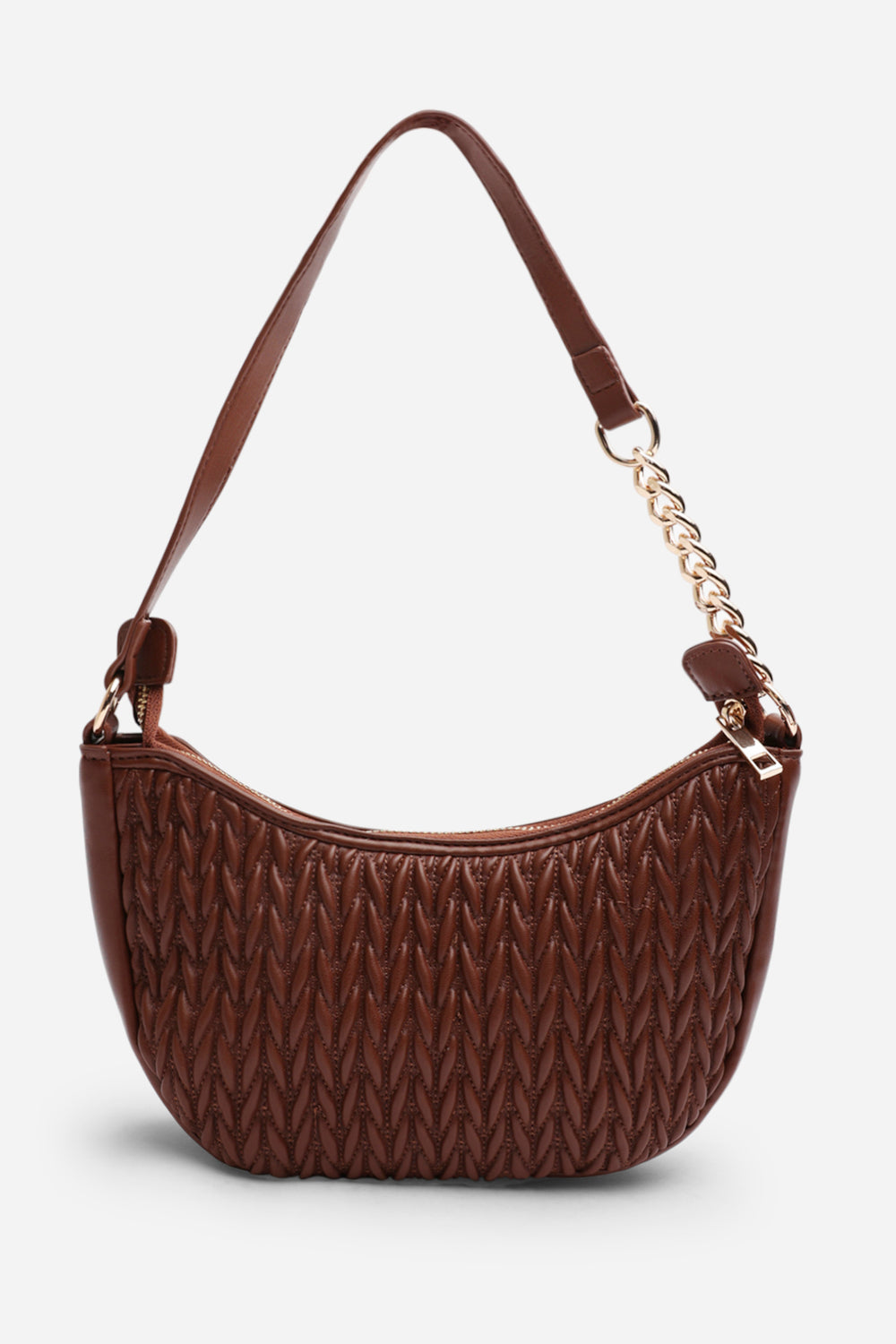 Belleza Quilted Crescent Shoulder Bag in Chain Detail in Dark Brown Faux Leather