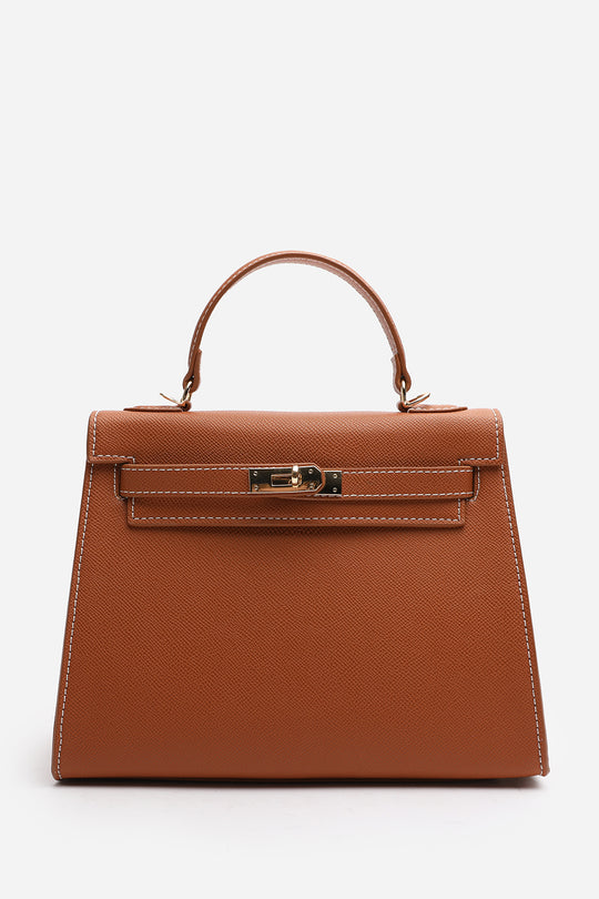 Lluvia Top Handle Satchel Mini Tote Bag with Turn-Lock Closure in Tan