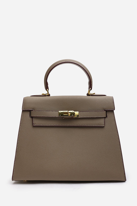 Lluvia Top Handle Satchel Mini Tote Bag with Turn-Lock Closure in Taupe