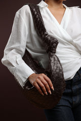 Aqua Knotted Strap Woven Shoulder Bag In Dark Brown Faux Leather