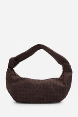 Fexia Brown Suede Woven Shoulder Bag with Knotted Straps Detail