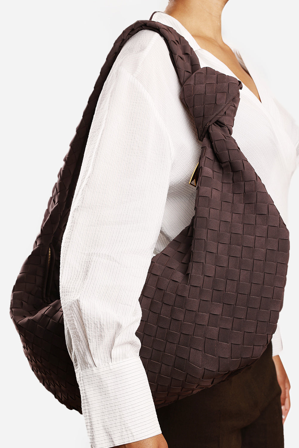 Fexia Brown Suede Woven Shoulder Bag with Knotted Straps Detail