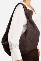 Fexia Brown Suede Woven Shoulder Bag with Knotted Straps Detail