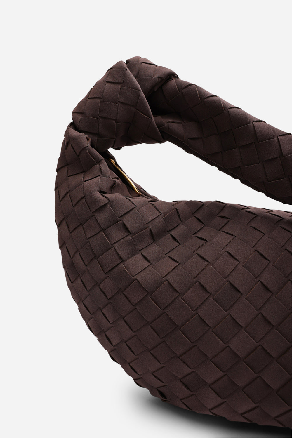 Fexia Brown Suede Woven Shoulder Bag with Knotted Straps Detail