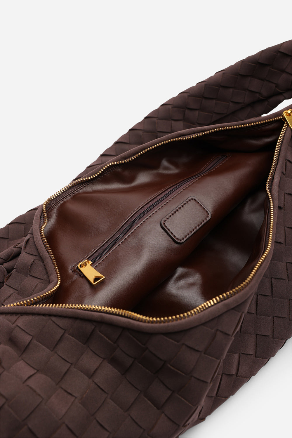 Fexia Brown Suede Woven Shoulder Bag with Knotted Straps Detail