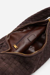 Fexia Brown Suede Woven Shoulder Bag with Knotted Straps Detail