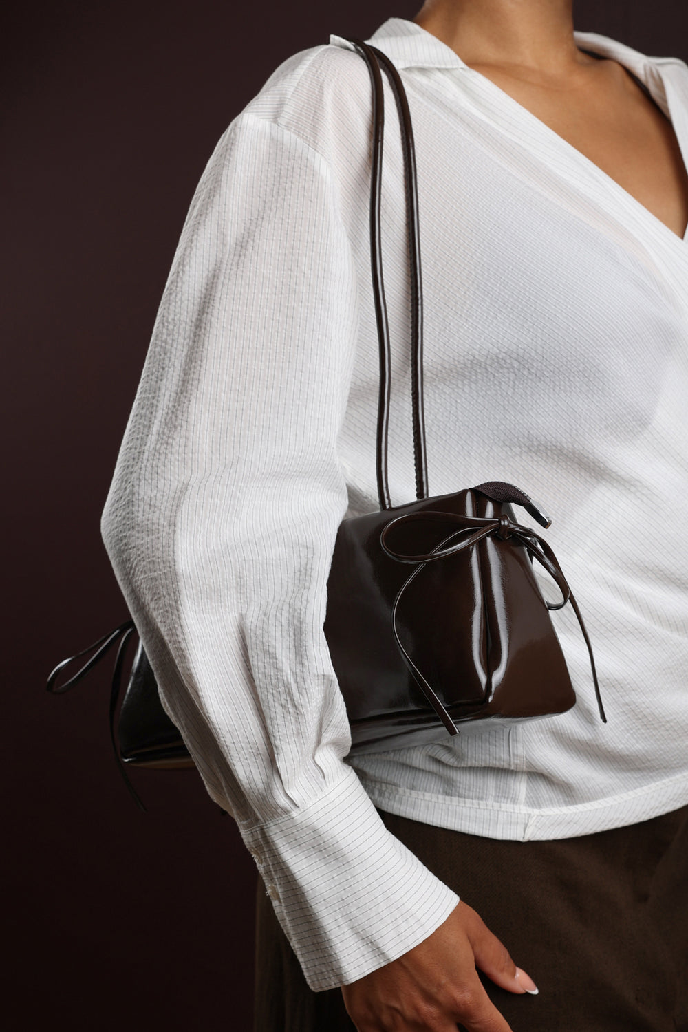 Bay Glossy Dark Brown Patent Handheld Shoulder Bag