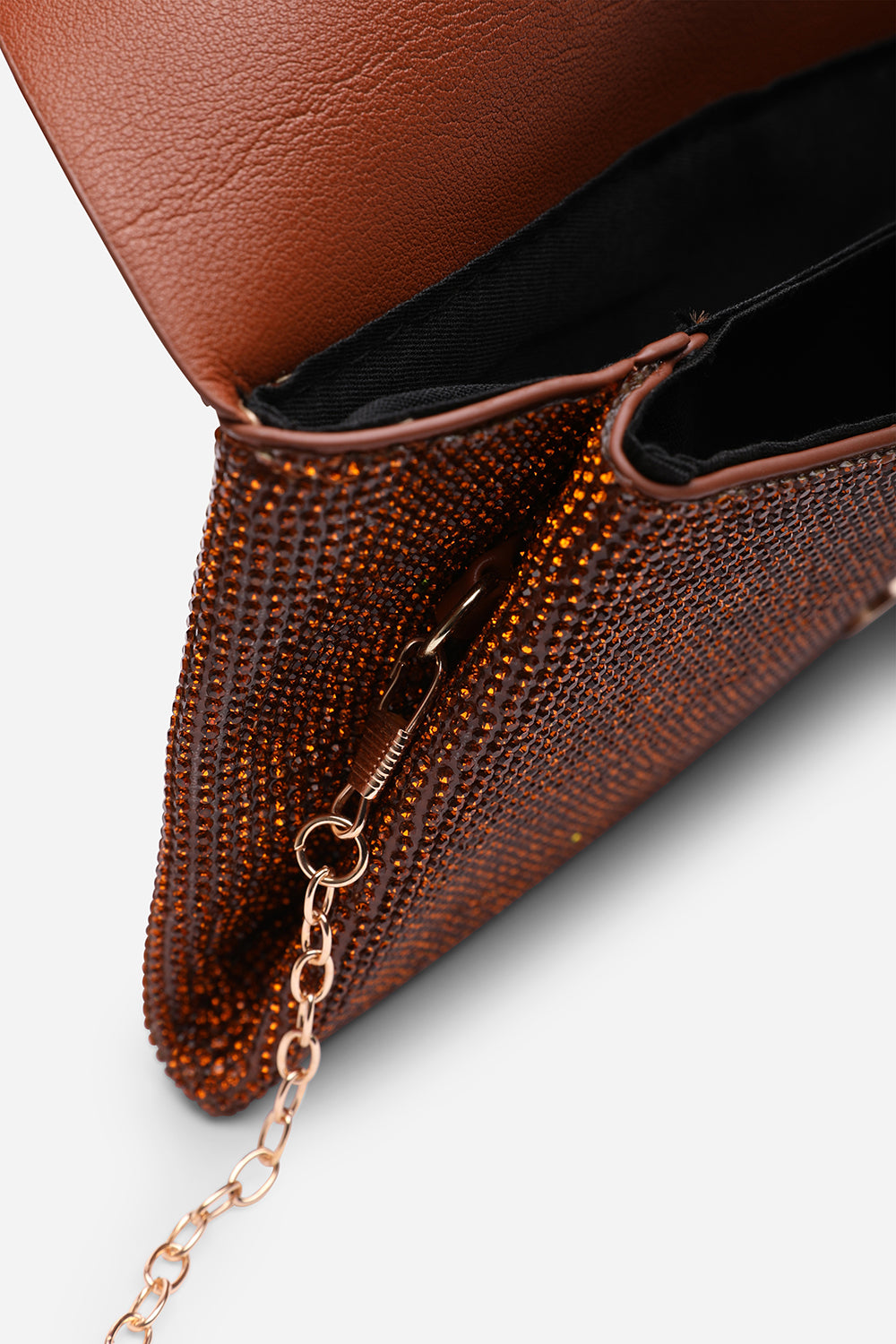 Latte Dark Brown Shimmering Textured Envelope Crossbody Bag with Chain