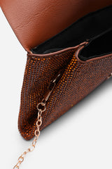 Latte Dark Brown Shimmering Textured Envelope Crossbody Bag with Chain