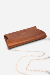 Latte Dark Brown Shimmering Textured Envelope Crossbody Bag with Chain