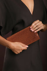 Latte Dark Brown Shimmering Textured Envelope Crossbody Bag with Chain