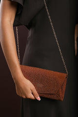 Latte Dark Brown Shimmering Textured Envelope Crossbody Bag with Chain