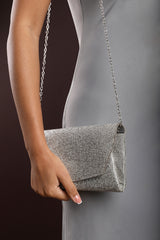 Latte Silver Shimmering Textured Envelope Crossbody Bag with Chain
