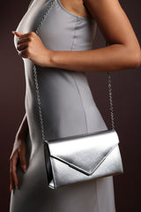 Linen Silver Metallic Faux Leather Clutch Bag