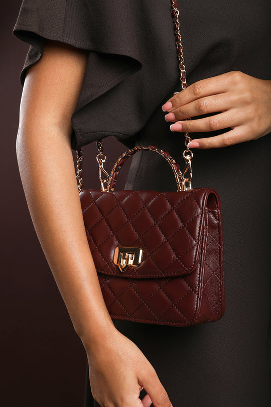 Meadow Quilted Top Handle Bag with Twist Lock in Dark Brown